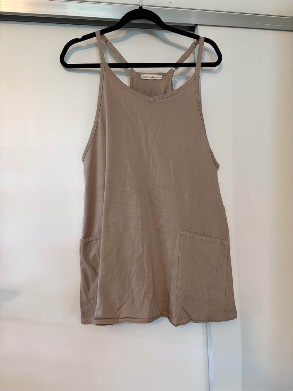 Zenana size Large Tan Tank Romper Dress with Pockets - new never worn!